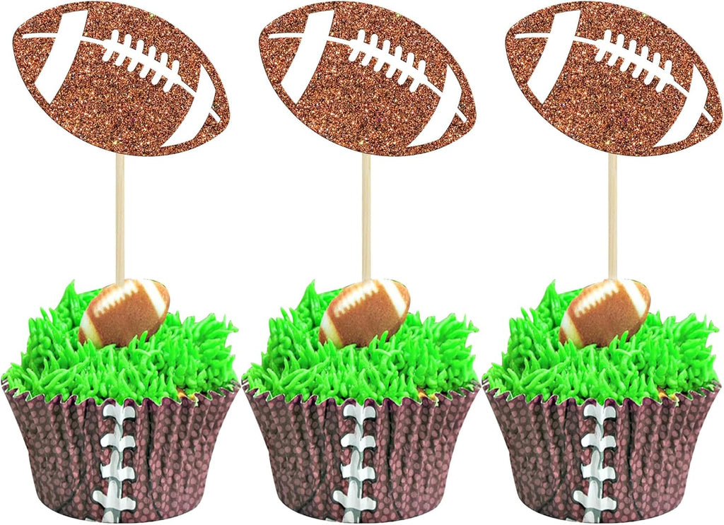 24Pcs Rugby Football Cupcake Toppers Rugby Ball Cupcake Picks Sports Ball Theme Cake Decoration for Rugby Super Baby Shower Kids Birthday Party Decorations Supplies