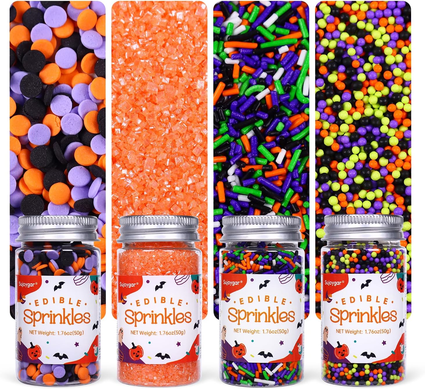 Halloween Sprinkles Set, Edible Sprinkles for Cake Decorating, Orange Sanding Sugar Jimmies Sprinkles Mix for Cupcake Toppers Cookies Baking(7.04 Oz)