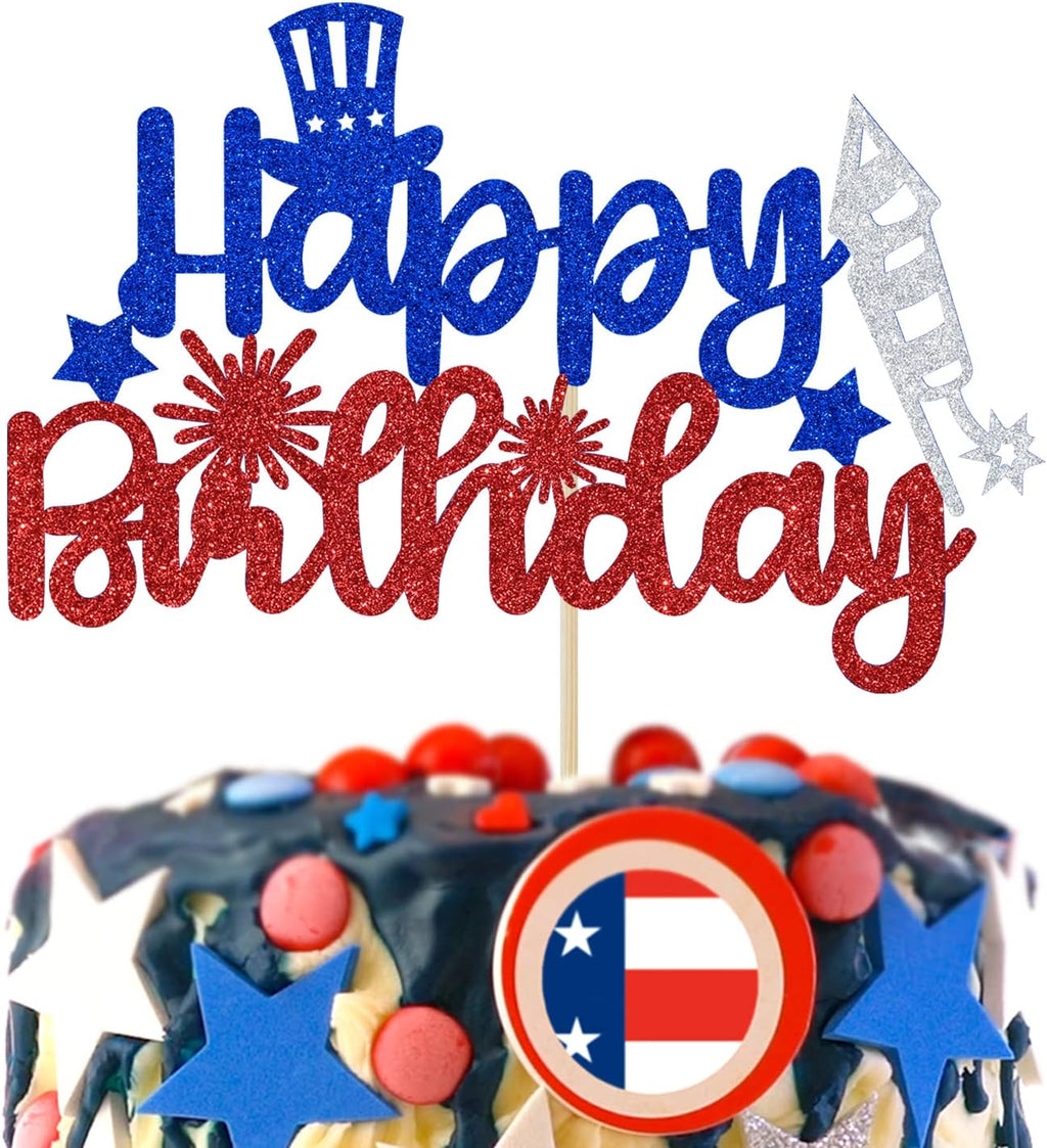 4th of July Happy Birthday Cake Topper, Patriotic Happy Birthday Cake Decor, America Independence Day Theme Birthday Party Decorations Supplies