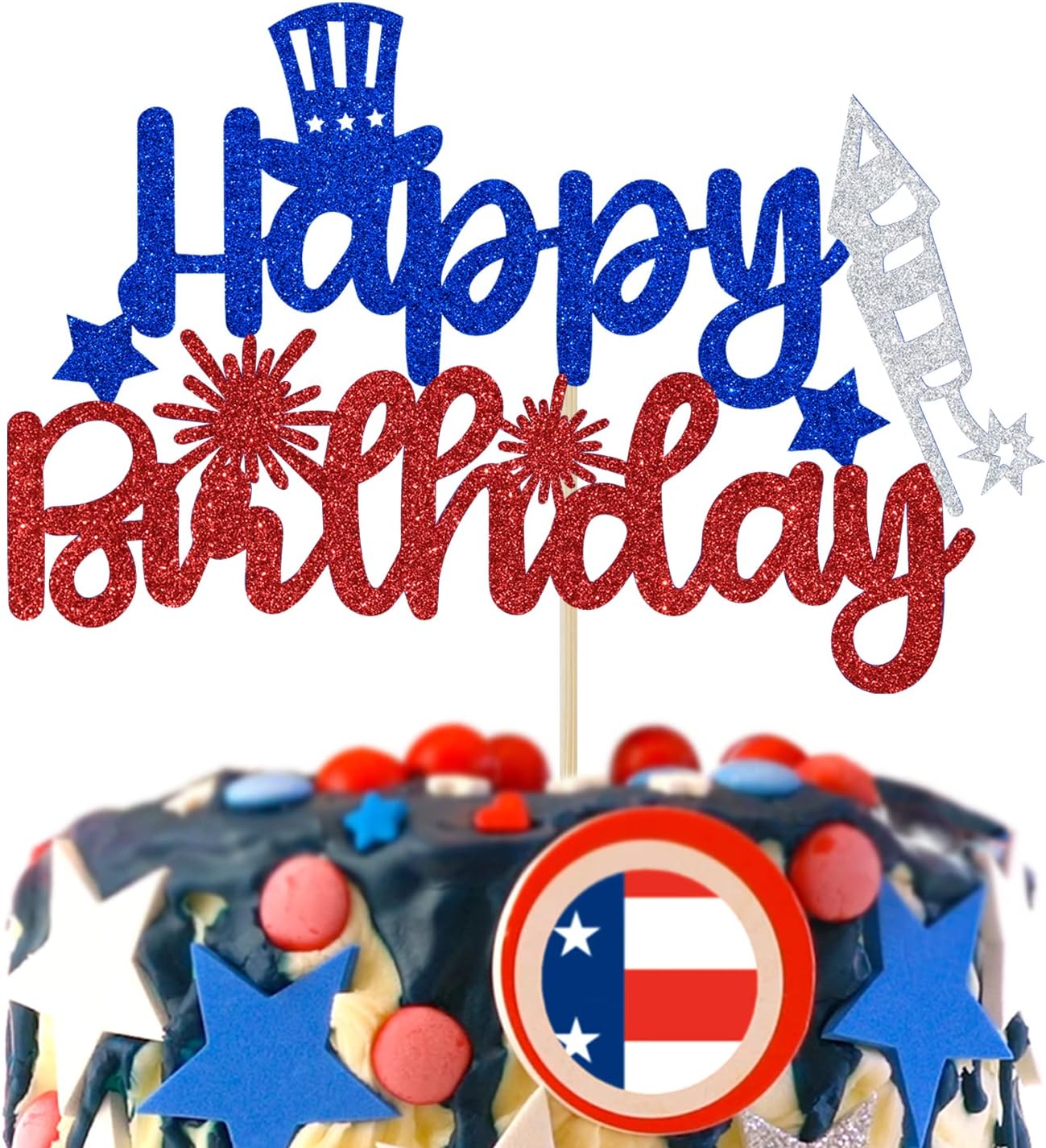 4th of July Happy Birthday Cake Topper, Patriotic Happy Birthday Cake Decor, America Independence Day Theme Birthday Party Decorations Supplies