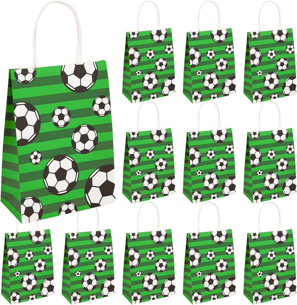 CELSOL Soccer Goodie Bags for Kids Party – 12PCS Durable Kraft Paper Gift Bags with Handles, Decorations & Favors for Soccer-Themed Birthday, Team Snacks, Candy, Boys & Girls Party Fun Supplies