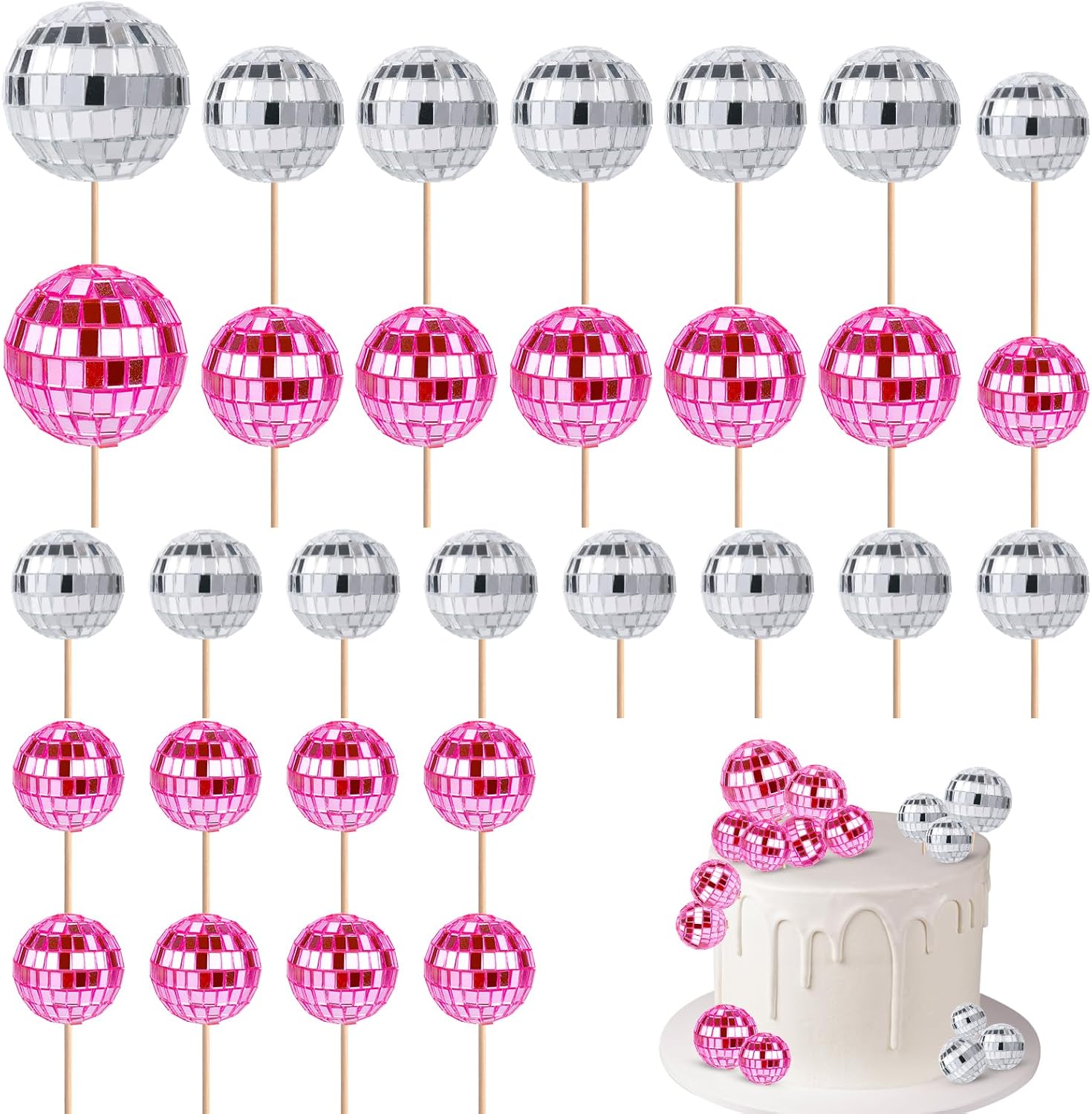 30pcs Disco Ball Cupcake Toppers, 70s Retro Cake Decorations with Stick Shiny Mini Disco Ball Picks Disco Theme Party Supplies for Dessert Birthday Decorations Ornament Small (Pink, Silver)