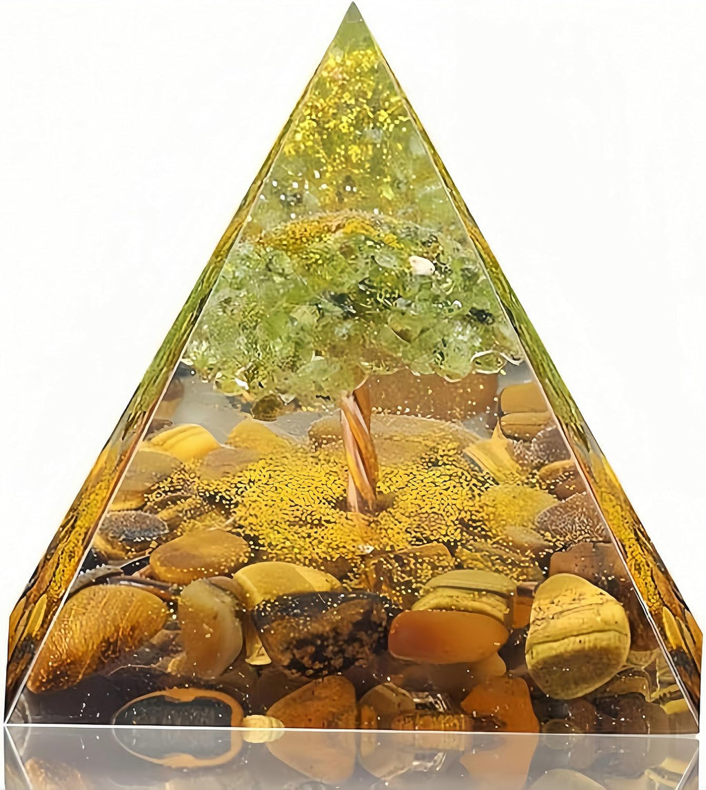 Tree of Life Orgone Pyramid for Positive Energy, Orgonite Peridot&Tiger Eye Healing Crystal Pyramids for Reduce Stress Chakra Reiki Healing Meditation Attracts Lucky and Success