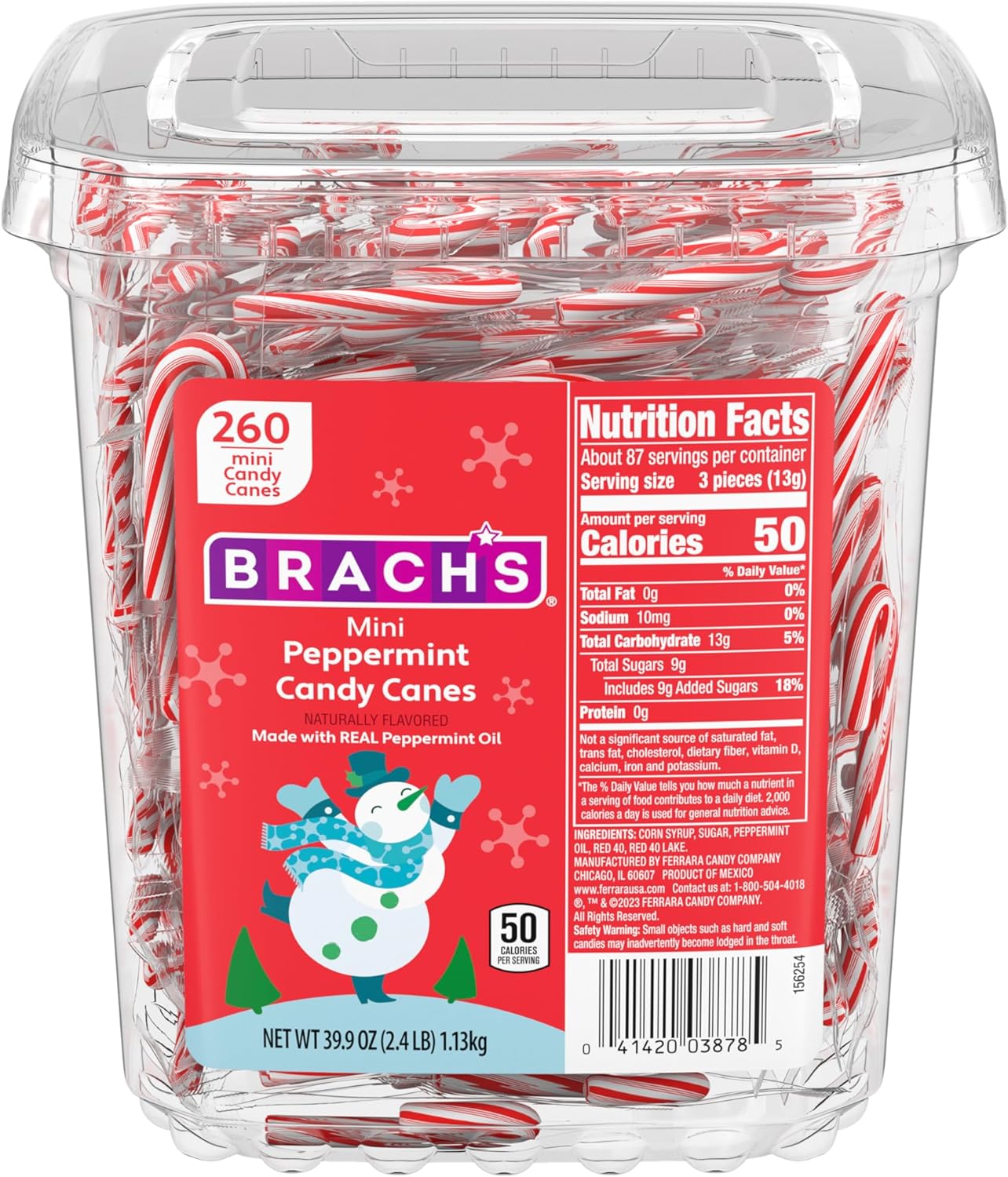 Brach's Mini Peppermint Candy Canes, Christmas Candy, Stocking Stuffers, Holiday Classic, 260ct, 40 oz Tub