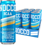 NOCCO Zero Sugar Energy Drink, Caribbean - 12 Fl Oz (Pack of 12) - 180mg Caffeine, Sugar Free with BCAAs - Branched Chain Amino Acids, Carbonated & Low Cal, B Vitamins, Grab & Go Performance Beverage