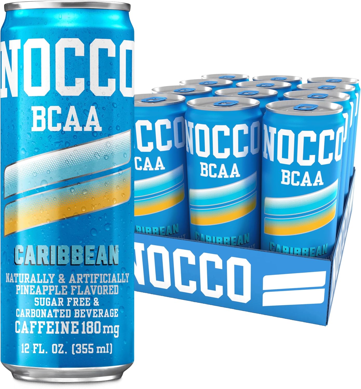 NOCCO Zero Sugar Energy Drink, Caribbean - 12 Fl Oz (Pack of 12) - 180mg Caffeine, Sugar Free with BCAAs - Branched Chain Amino Acids, Carbonated & Low Cal, B Vitamins, Grab & Go Performance Beverage