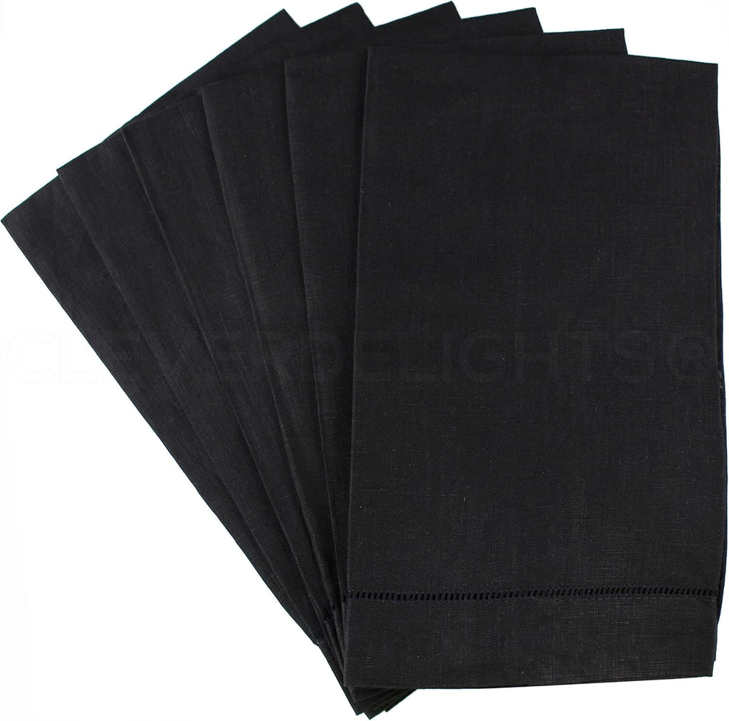 CleverDelights Black Linen Hemstitched Hand Towels - 6 Pack - 14" x 22" - Fingertip Towel