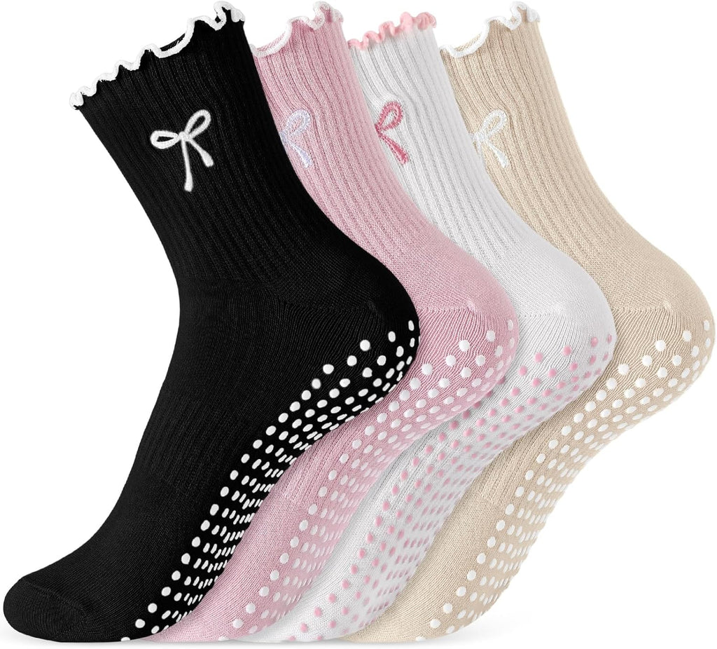 Jeyiour 4 Pairs Cute Pilates Grip Socks for Women, Ruffle Non Slip Crew Grippy Yoga Socks with Bow for Gym Ballet Barefoot
