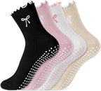 Jeyiour 4 Pairs Cute Pilates Grip Socks for Women, Ruffle Non Slip Crew Grippy Yoga Socks with Bow for Gym Ballet Barefoot
