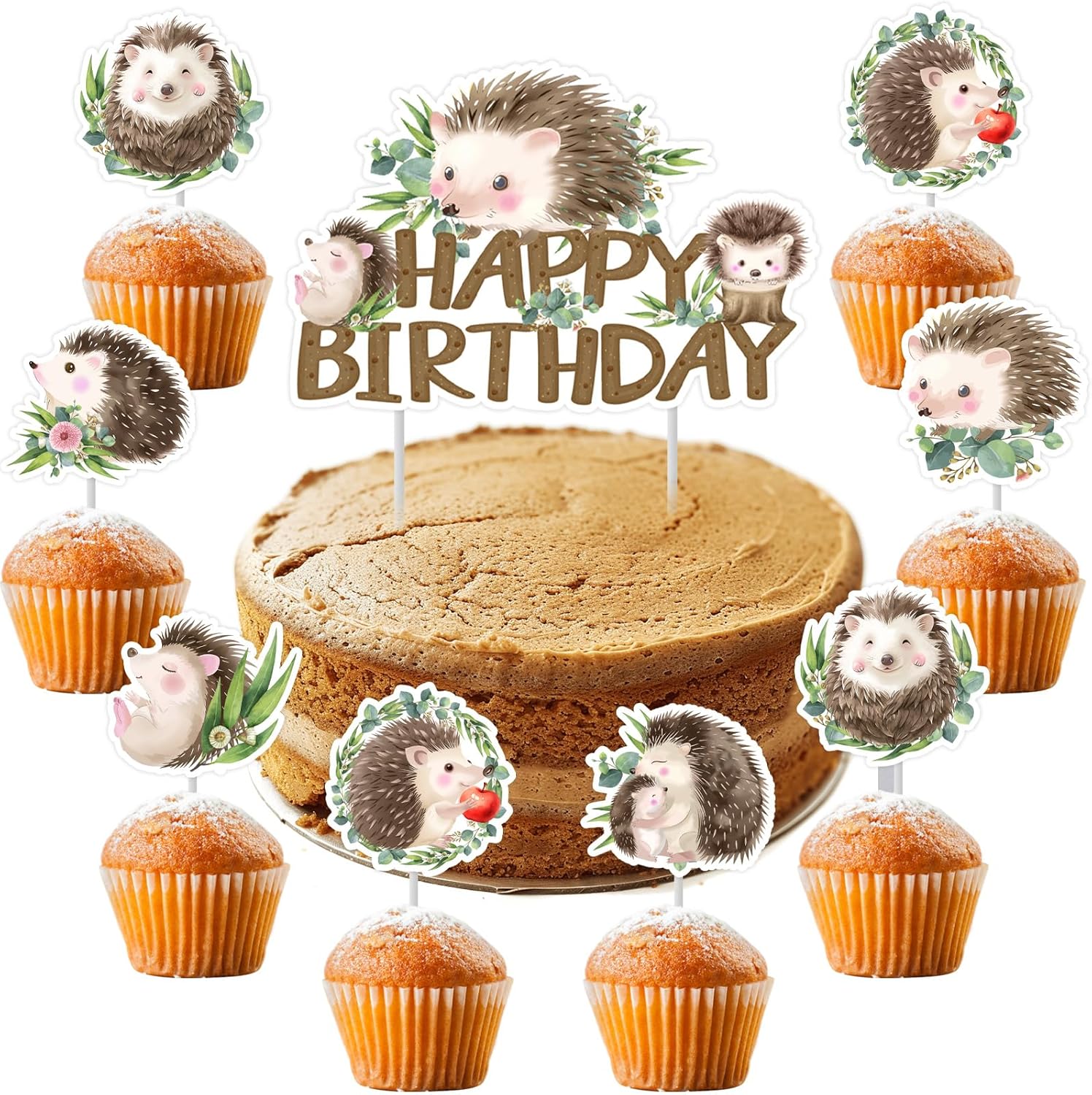 Hedgehog Birthday Party Decoration, Hedgehog Happy Birthday Cake Topper Brown Decorative Theme Cupcake Toppers for Woodland Animal Theme Baby Shower Birthday Party Supplies