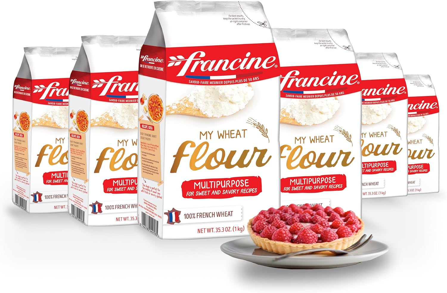 Francine Wheat Flour, T55 French Flour from France with Lower Gluten Content, Makes Great Breads, Pastries and Desserts, 35.3oz/1 kg (Pack of 6)