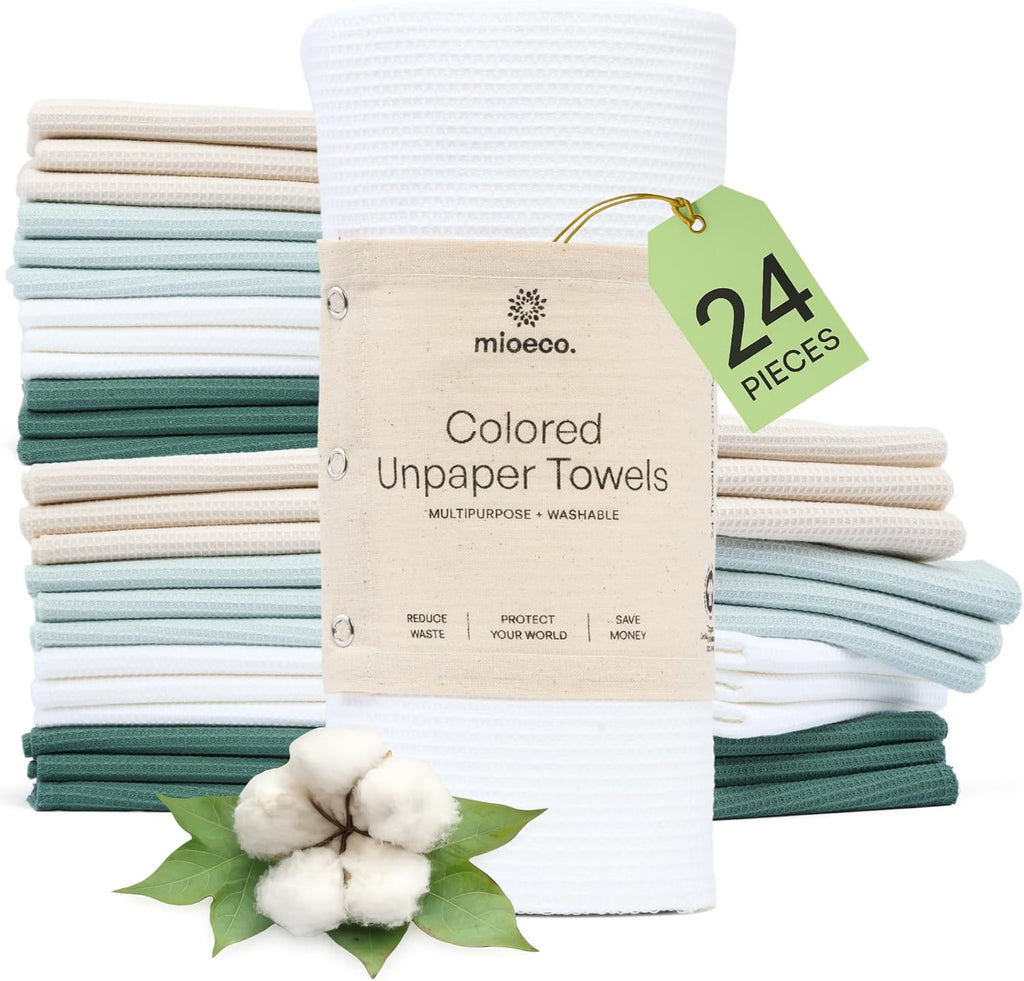mioeco 24 Pack Multicolored Reusable Paper Towels - Nature Friendly - Organic Cotton Alternative - Thick, Strong, Paperless Kitchen Dish Cloths - Reusable Napkins - Dish Towels - Cloth Napkin