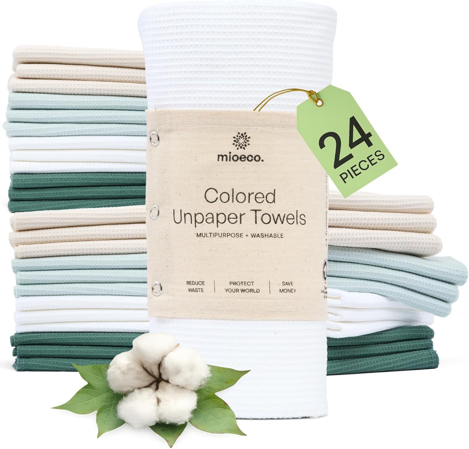 mioeco 24 Pack Multicolored Reusable Paper Towels - Nature Friendly - Organic Cotton Alternative - Thick, Strong, Paperless Kitchen Dish Cloths - Reusable Napkins - Dish Towels - Cloth Napkin