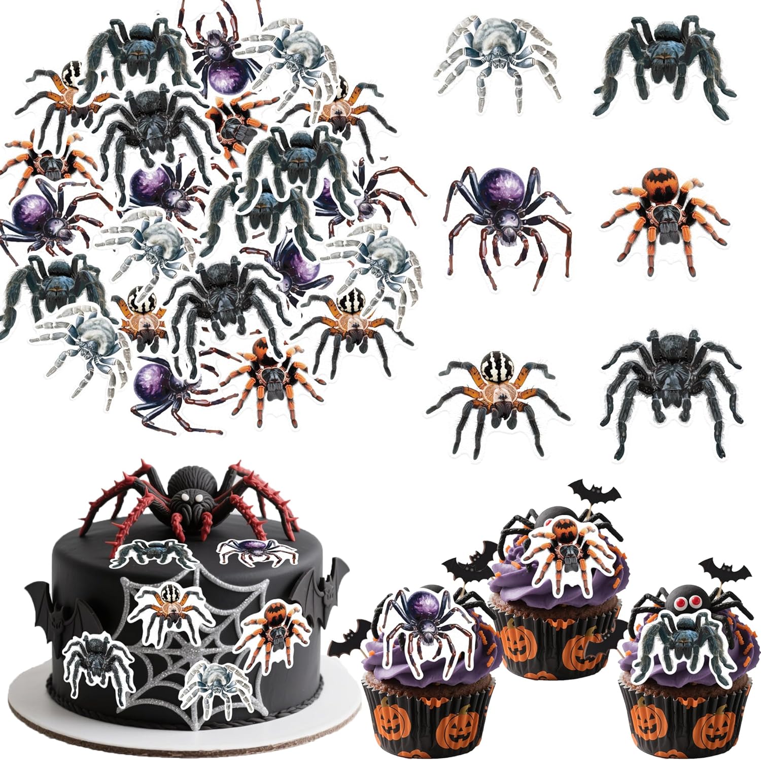 54PCS Edible Halloween Spider Cupcake Toppers Wafer Paper Spider Cupcake Toppers Spitting Spider Dessert Picks for Halloween Theme Party Birthday Baby Shower Decor Supplies