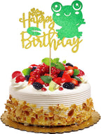 Happy Birthday Frog Cake Topper - Gold & Green Glitter Animal Theme Cake Decorations - Ribbit Birthday Party Cake Toppers for Kids