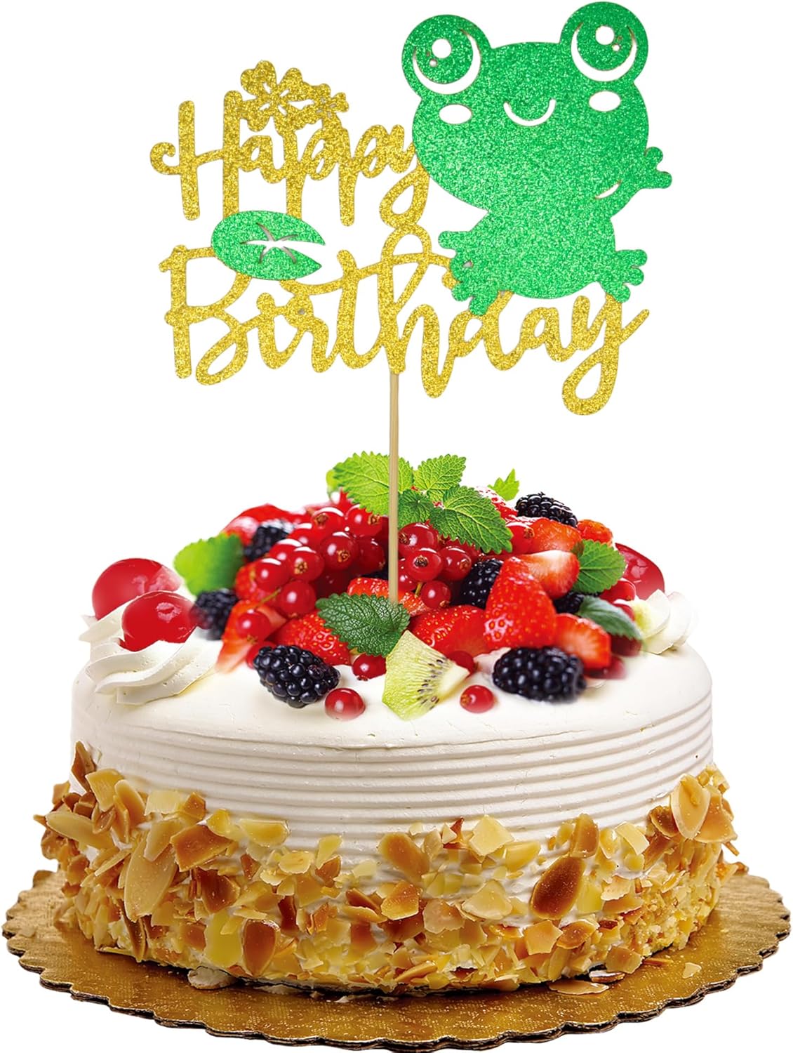 Happy Birthday Frog Cake Topper - Gold & Green Glitter Animal Theme Cake Decorations - Ribbit Birthday Party Cake Toppers for Kids