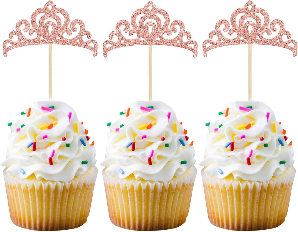 Gyufise 24Pcs Rose Gold Princess Crown Cupcake Toppers Glitter Princess Cake Pick Decorations for Wedding Girl Birthday Baby Shower Party Decorations