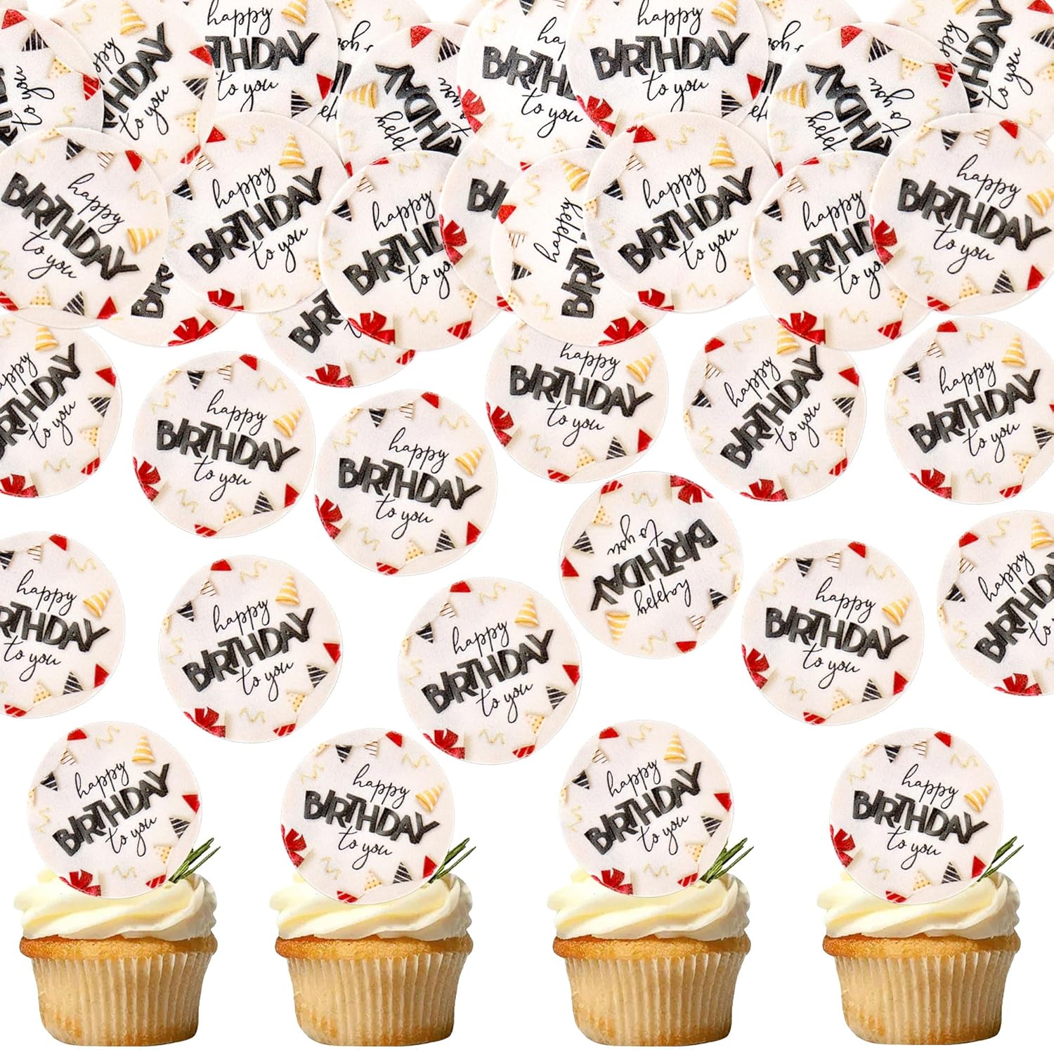 Ercadio 40 Pcs Edible Happy Birthday Cupcake Toppers Drink Topper Picks Black Birth Day for Celebrate Birthday Parties Anniversary Party Decoration Supplies