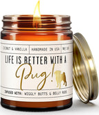 Pug Gifts for Women - 'Life is Better with a Pug' Candle, w/Vanilla, Coconut & Citrus - Infused w/Essential Oils I Pug Decor I 50Hr Burn, USA Made