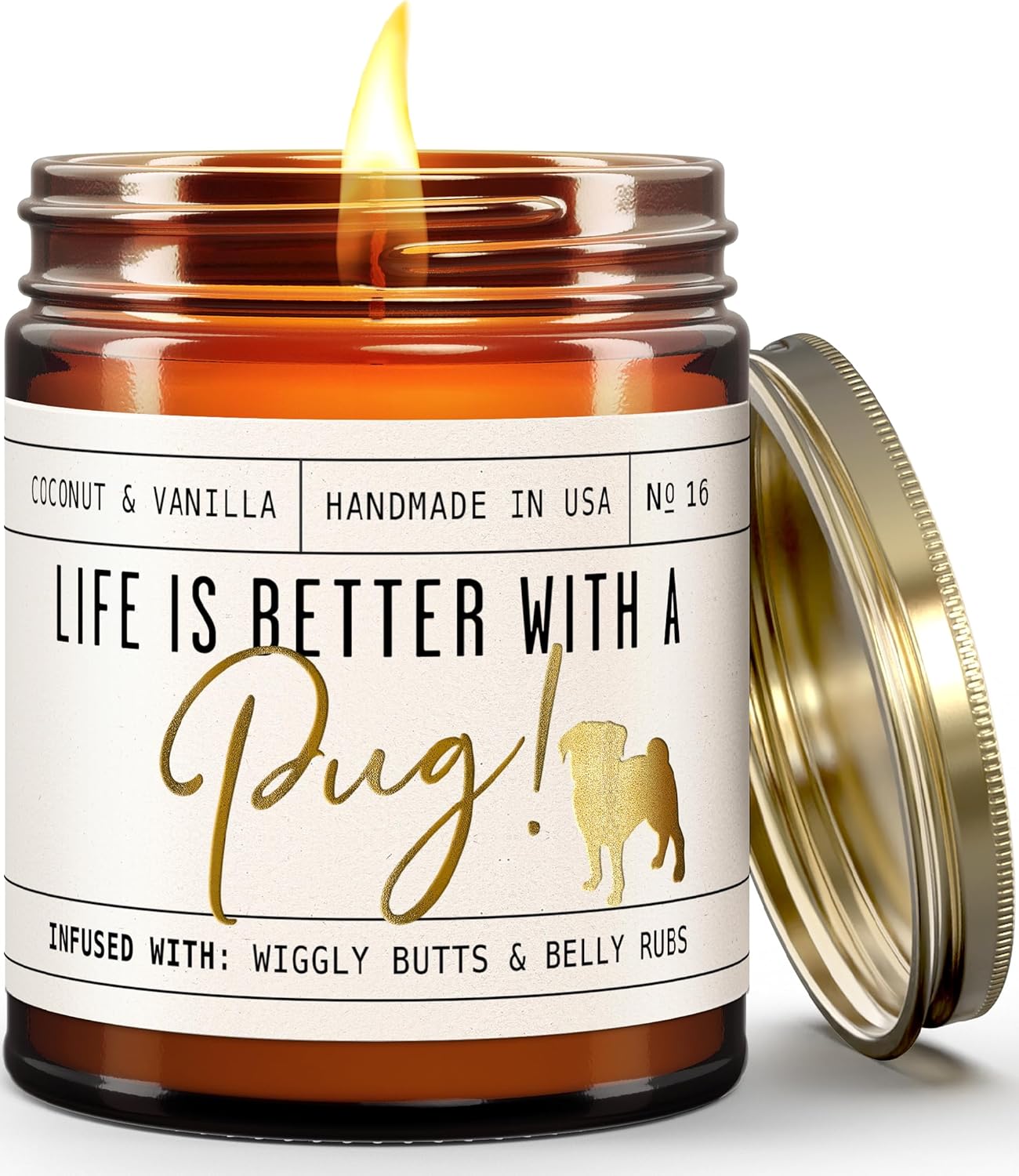 Pug Gifts for Women - 'Life is Better with a Pug' Candle, w/Vanilla, Coconut & Citrus - Infused w/Essential Oils I Pug Decor I 50Hr Burn, USA Made