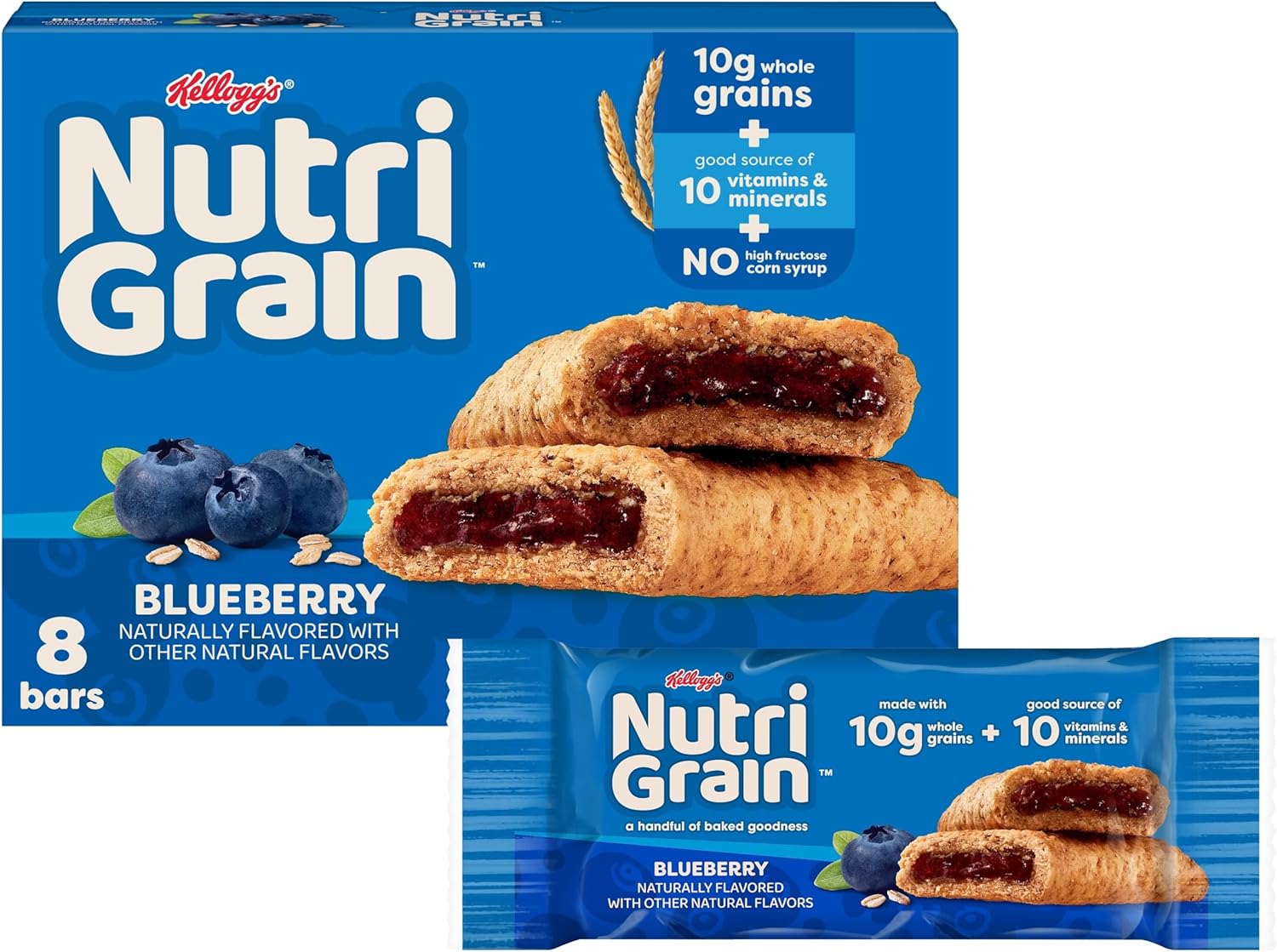 Nutri-Grain Breakfast Bars, Made with 10g Whole Grains, Snack Bars, Blueberry, 10.4oz Box (8 Count)
