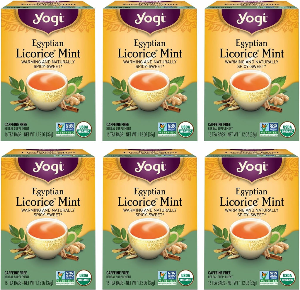 Yogi Tea Egyptian Licorice Mint Tea - 16 Tea Bags per Pack (6 Packs) - Caffeine-Free Organic Tea - Includes Peppermint Leaf, Licorice Root, Cinnamon Bark, Cardamom Pod, Ginger Root & More