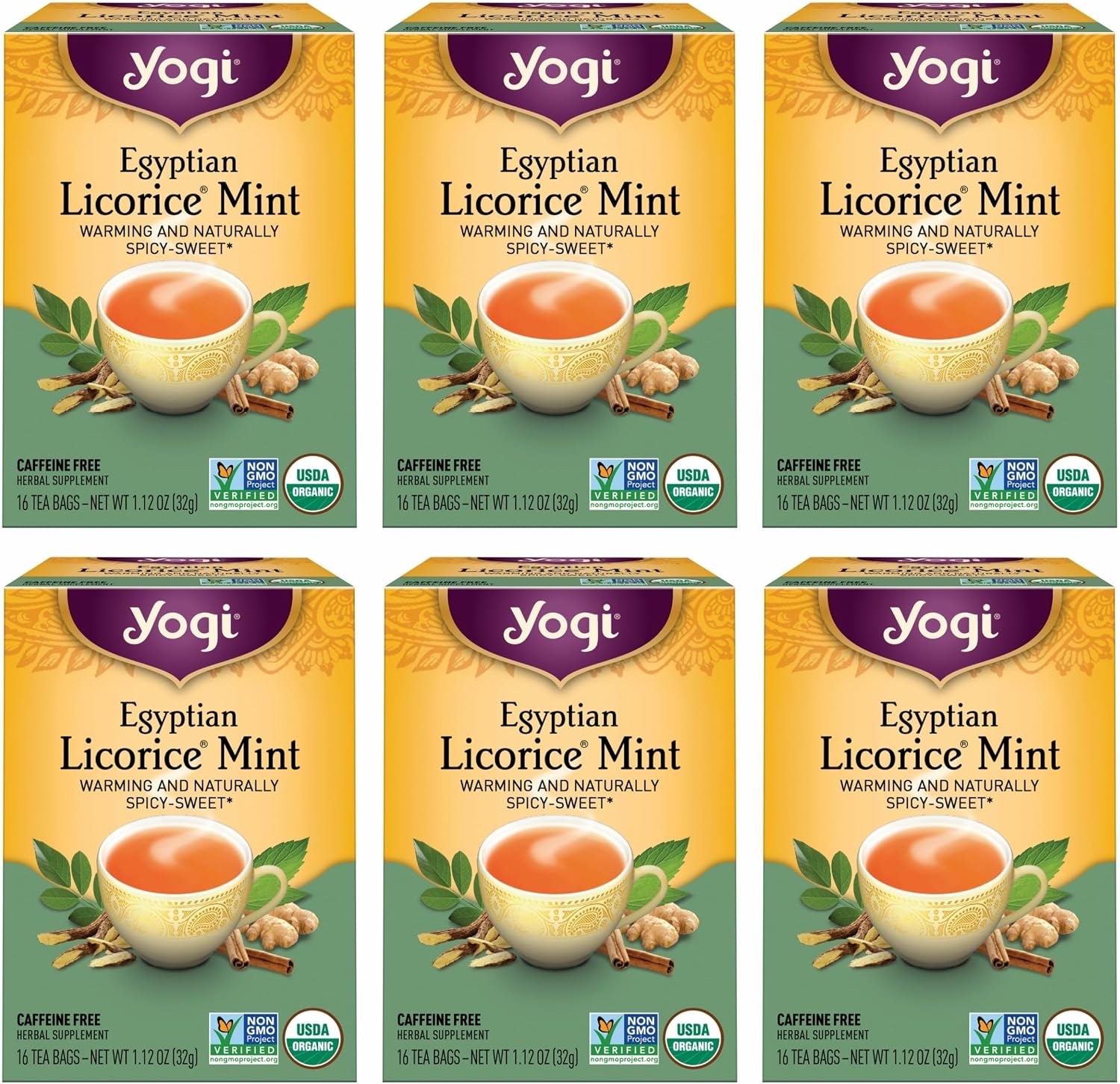 Yogi Tea Egyptian Licorice Mint Tea - 16 Tea Bags per Pack (6 Packs) - Caffeine-Free Organic Tea - Includes Peppermint Leaf, Licorice Root, Cinnamon Bark, Cardamom Pod, Ginger Root & More