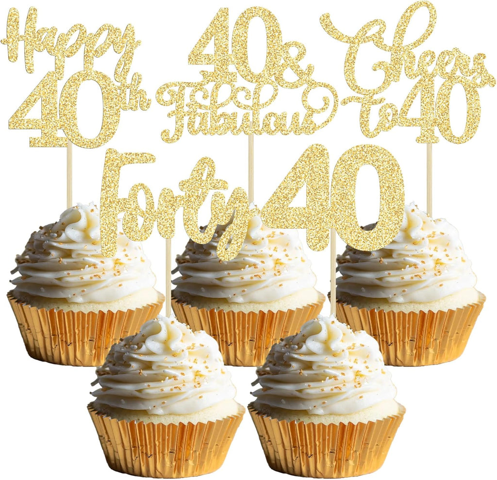 30 Pack Happy 40th Birthday Cupcake Toppers Gold Glitter Forty Cheers to 40 Years Old Birthday Cupcake Picks for Happy 40th Anniversary Party Cake Decorations