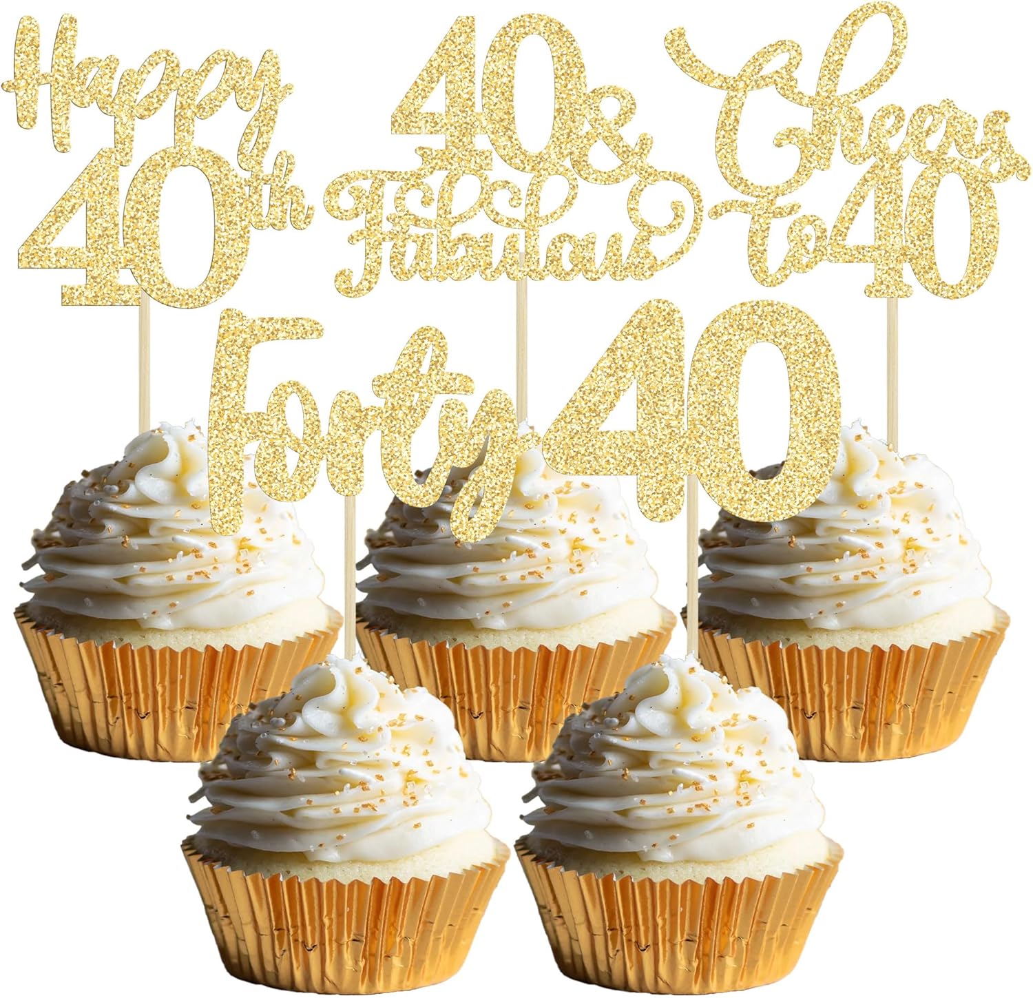 30 Pack Happy 40th Birthday Cupcake Toppers Gold Glitter Forty Cheers to 40 Years Old Birthday Cupcake Picks for Happy 40th Anniversary Party Cake Decorations
