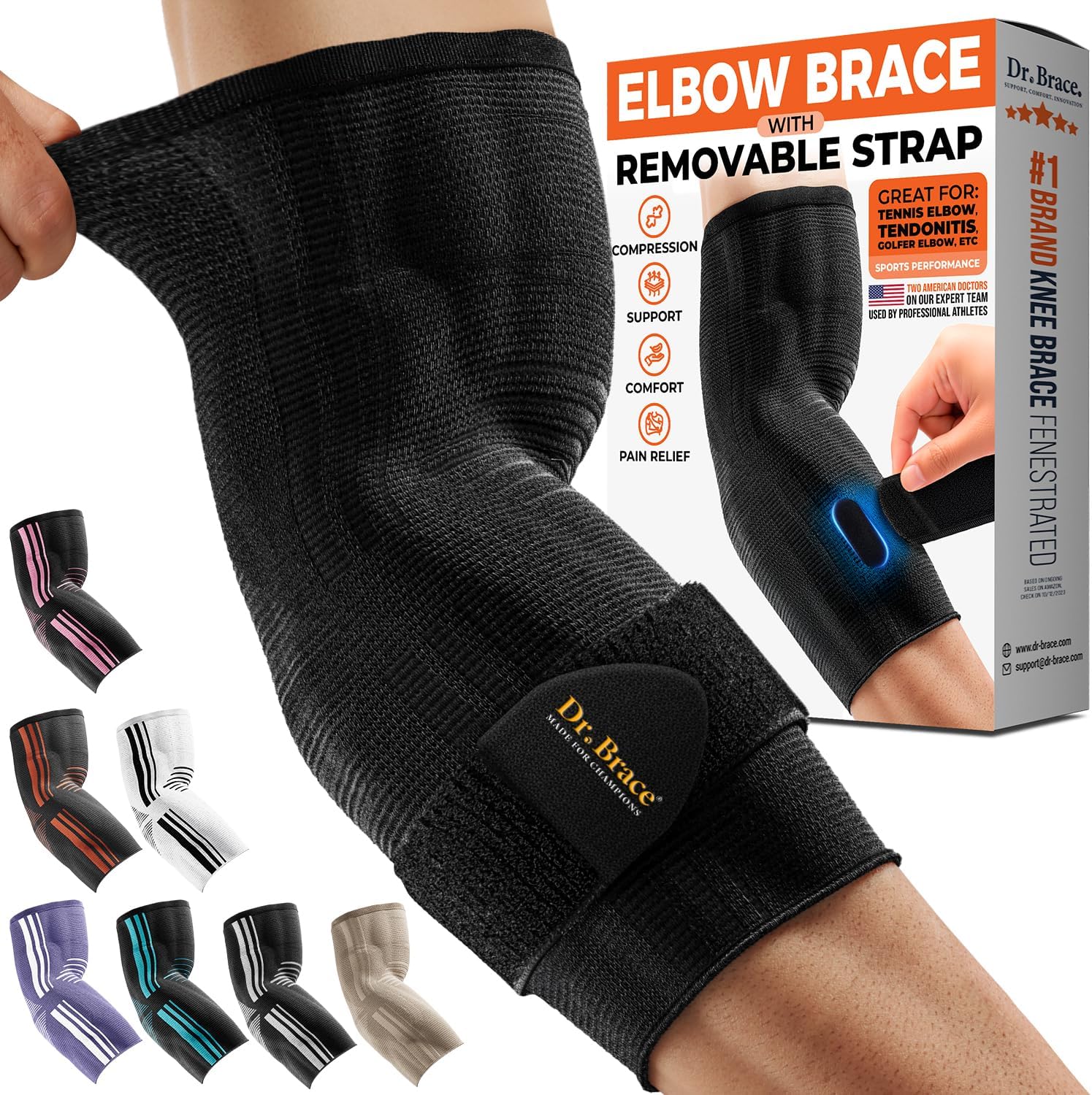 DR. BRACE® Elite Elbow Brace Support with Removable Strap for Women & Men, Pain Relief for Tendonitis, Arthritis, Golfer's & Tennis Elbow Treatment, Elbow Sleeve for Workouts Weightlifting (Black, Medium)