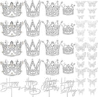 44 PCS Grown Cake Decorations 16 PCS Mini Crowns with 24 PCS Butterfly Wall Decors and 4 PCS Birthday Insert Cards for Women Girl Crown Birthday Party Wedding Cake Decor (Silver)
