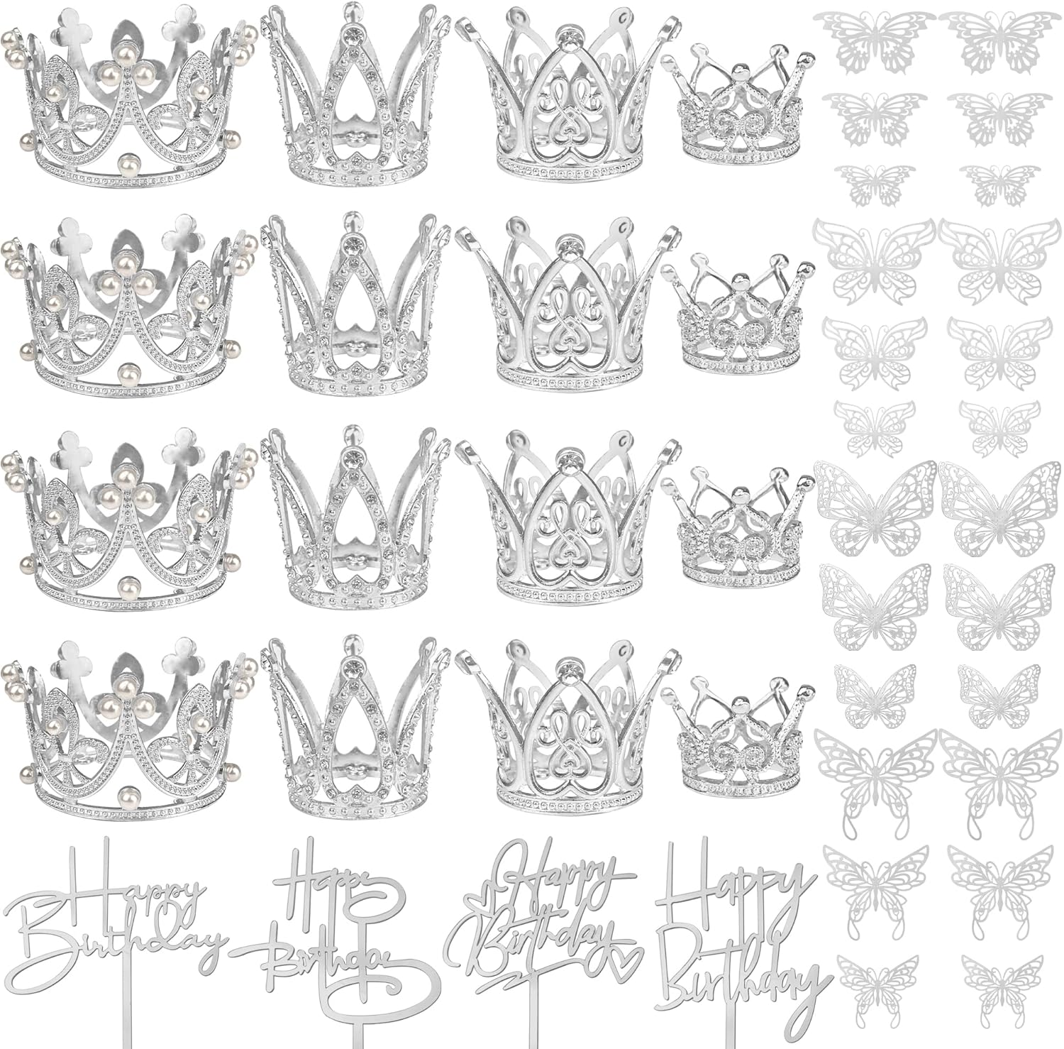 44 PCS Grown Cake Decorations 16 PCS Mini Crowns with 24 PCS Butterfly Wall Decors and 4 PCS Birthday Insert Cards for Women Girl Crown Birthday Party Wedding Cake Decor (Silver)