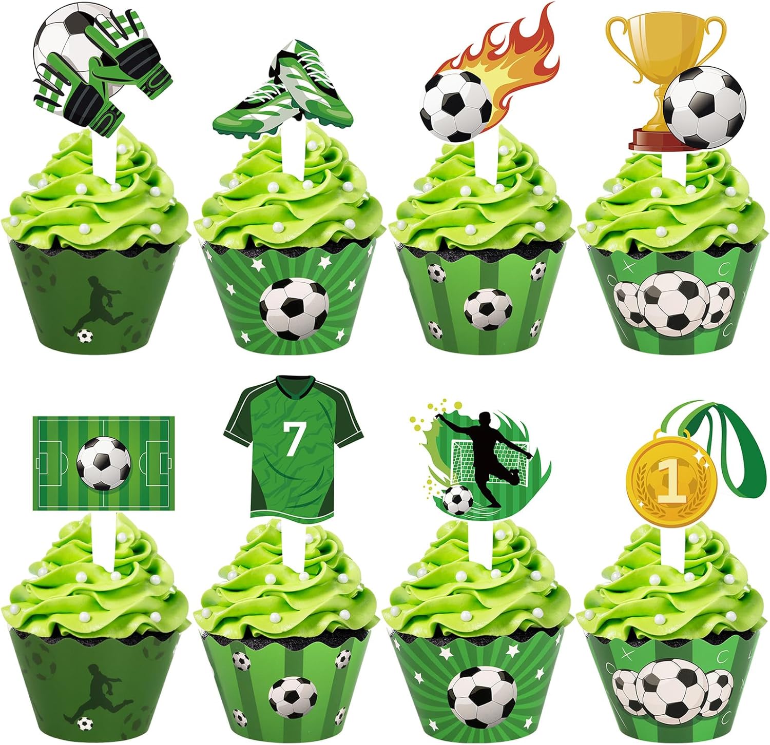 48 Pack Soccer Cupcake Toppers and Wrappers, Soccer Ball Party Cake Decoration for Sport Theme Birthday Party Baby Shower Supplies