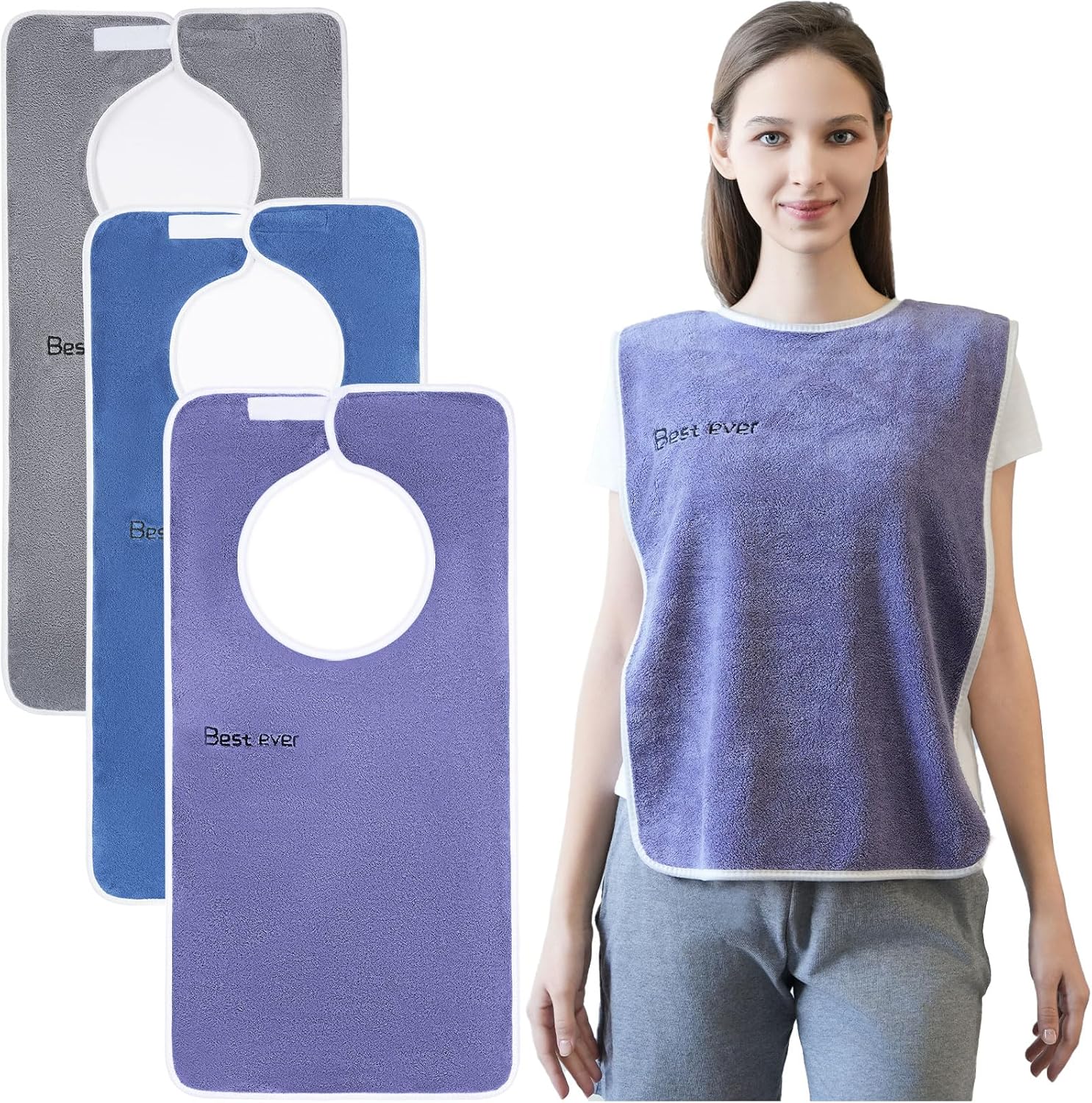 3 Pack Adult Bibs, Microfiber Super Soft Eating Cloth for Adults, Disabled, Adjustable, Dining Clothing Protector