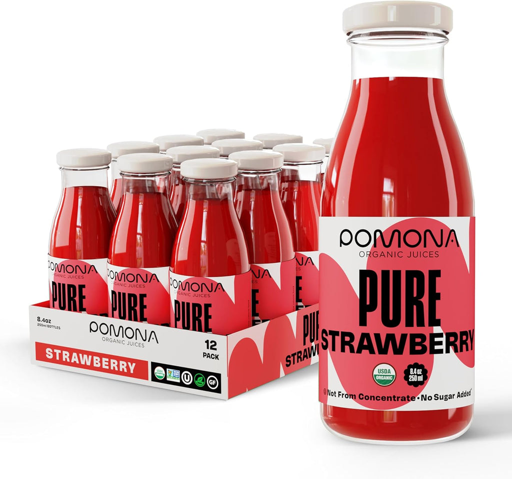 Pomona Organic Strawberry Juice (Pack of 12), Cold Pressed USDA Organic Juices with 100% Strawberries, No Added Sugar, Not From Concentrate, Vegan, Kosher, Non GMO, Pasteurized, 8.4 oz Glass Bottles