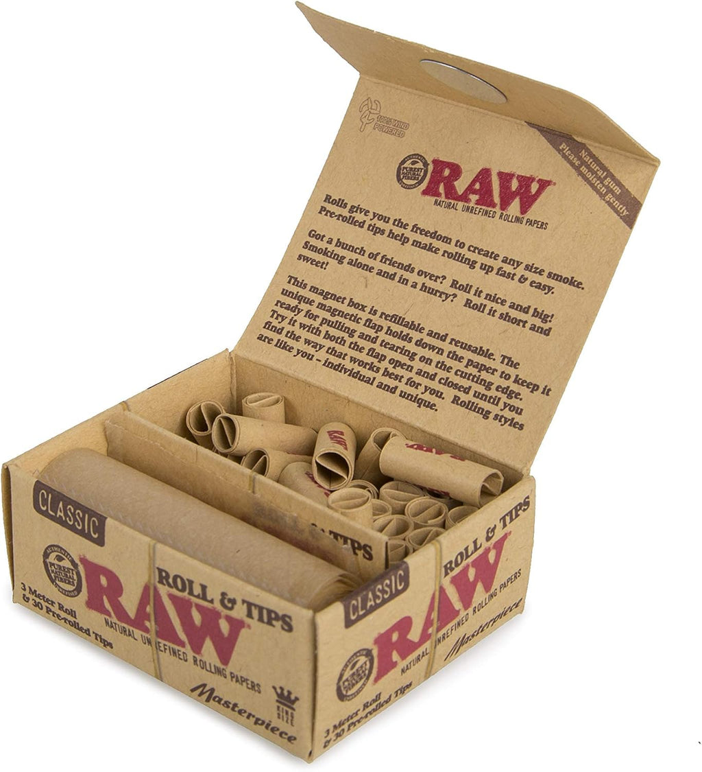 RAW Classic Natural Unrefined Rolling Papers Tips - 3 Meters Masterpiece Pre Rolled Tips - 12 Pack Count Display Box -Raw Rolls Masterpiece Filters x 12 No Nicotine