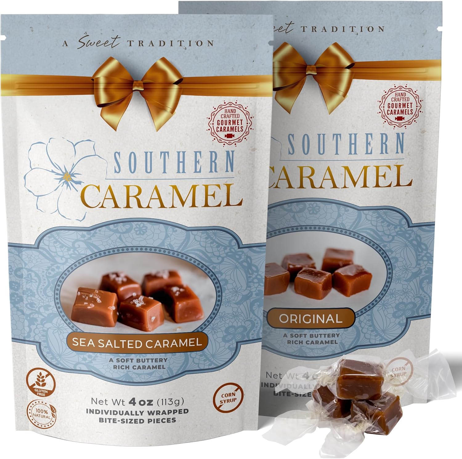 Southern Caramel Gourmet Caramel Bundle, Soft Buttery Original & Sea Salted Caramels, Handcrafted in Small Batches, Gluten Free, No Corn Syrup, Individually Wrapped, Gift-Ready, 4 oz (Pack of 2)