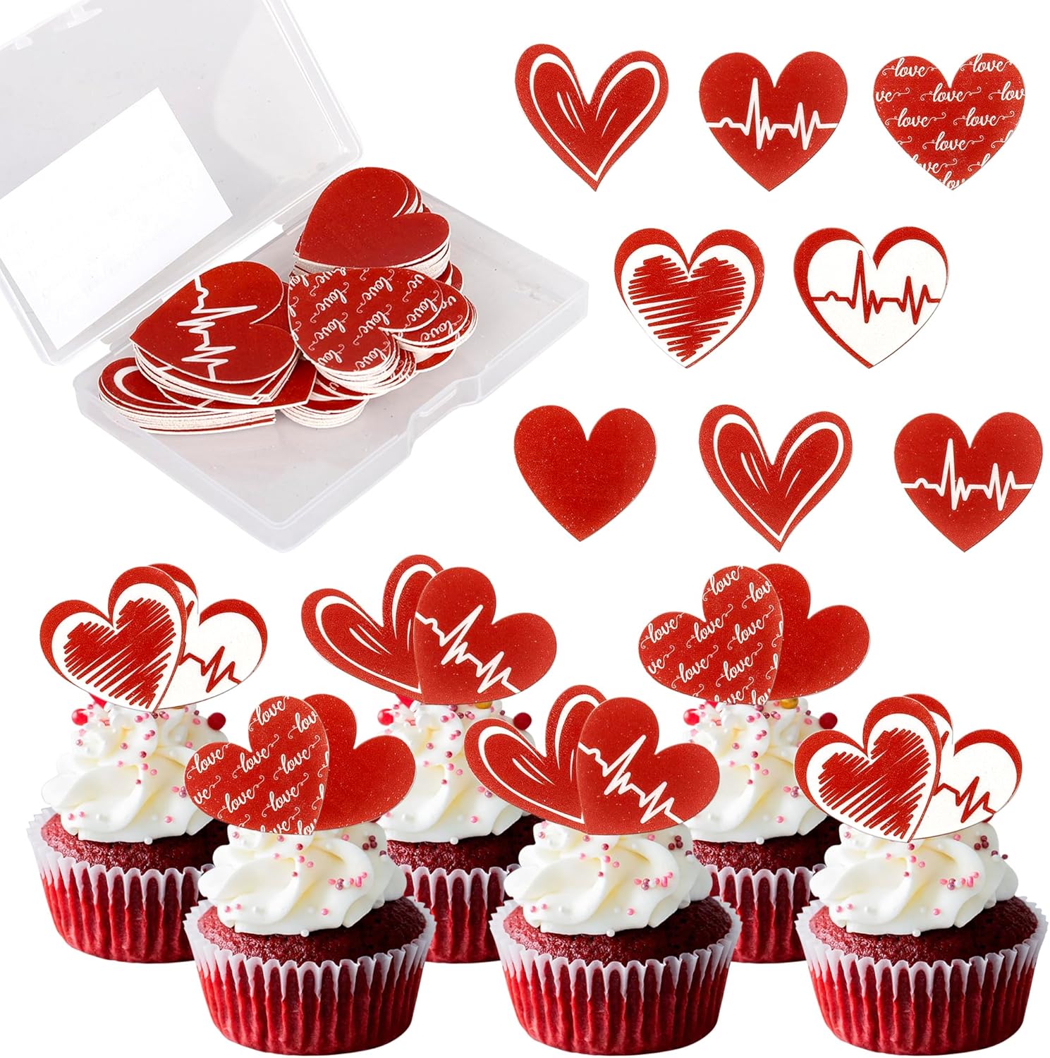 Rsstarxi 60 Pack Love Heat Edible Cupcake Toppers Wafer Paper Sweet Love Heartbeat Cupcake Picks for Wedding Birthday Happy Valentine's Day Party Cake Decorations Supplies