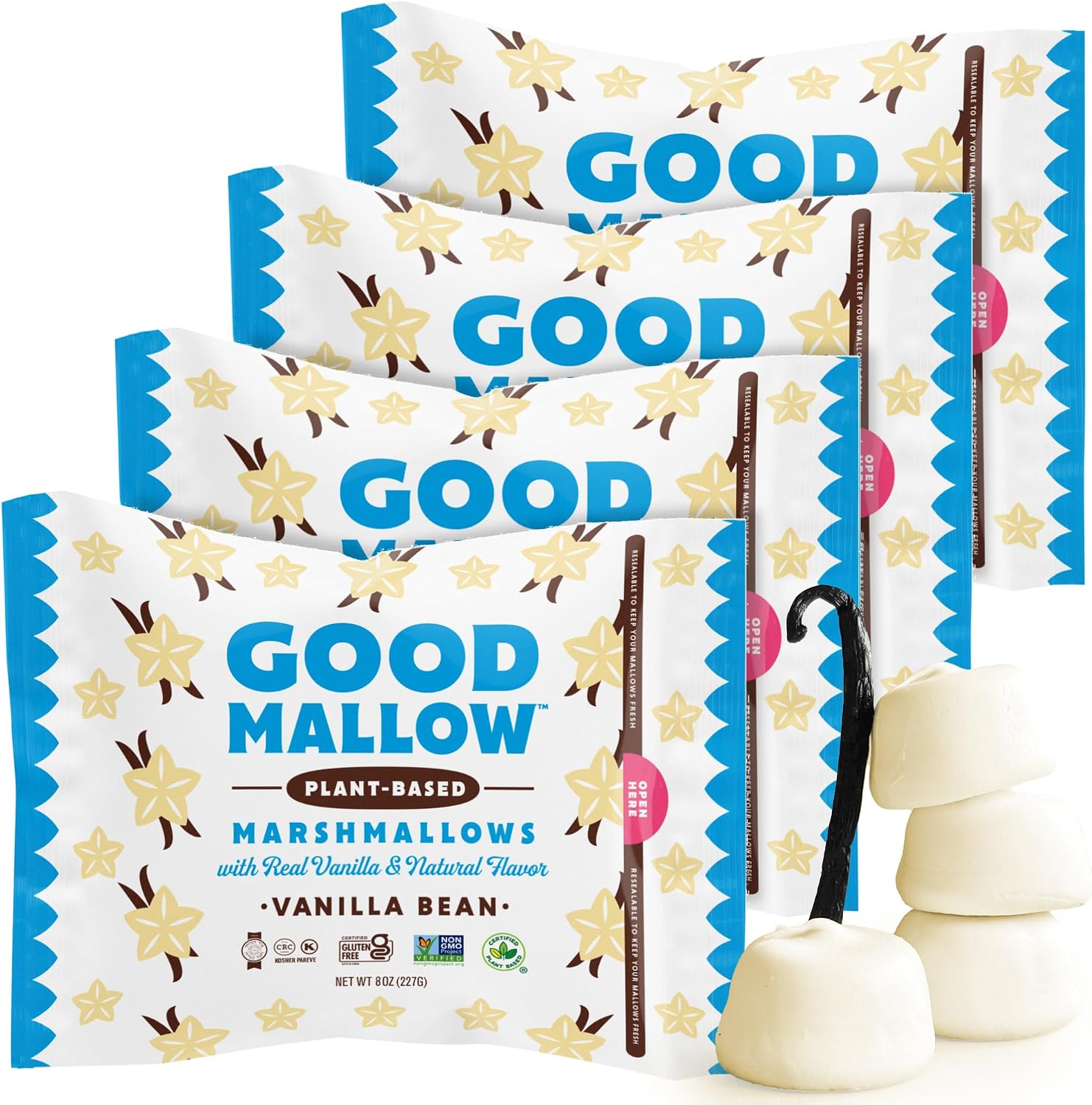 GoodMallow Vegan Marshmallows - Large Kosher Halal Gluten Free Dairy Free Healthy- 4 x 8oz. Natural Gelatin Free Marshmallows for Hot Chocolate, Smores, Baking - Nothing Artificial, Made in USA (White Vanilla ) (Pack of 4)