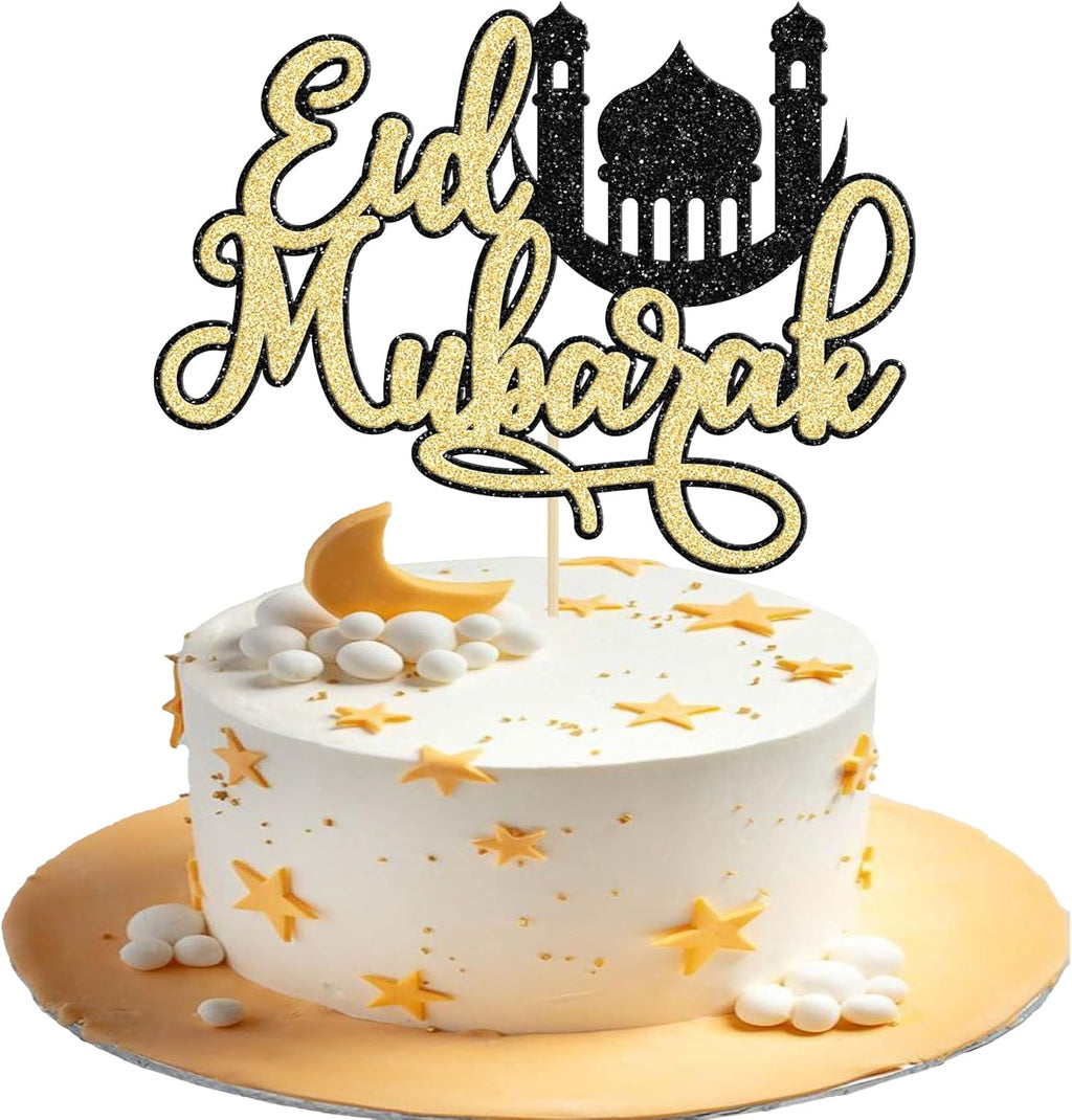 Ephlyn 1Pcs Eid Mubarak Cake Topper Glitter Moon Star Ramadan Kareem Eid Cake Decoration for Islamic Muslim Theme Party Decorations Supplies Gold