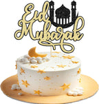 Ephlyn 1Pcs Eid Mubarak Cake Topper Glitter Moon Star Ramadan Kareem Eid Cake Decoration for Islamic Muslim Theme Party Decorations Supplies Gold