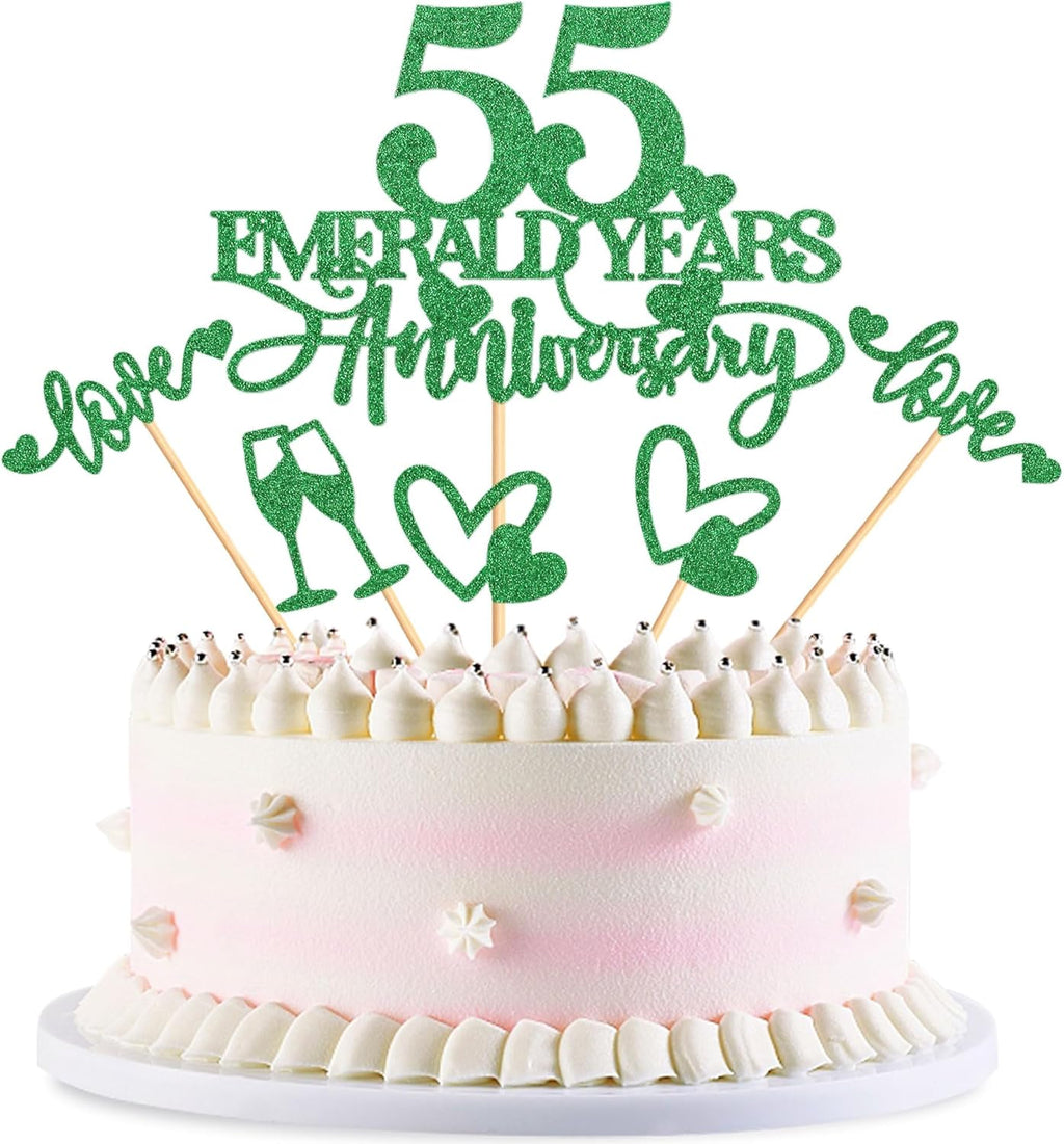 25Pcs Glitter Green 55 Emerald Years Anniversary Cake Toppers Heart Cheers Love Cupcake Picks for 55 Years Wedding Anniversary Cake Decorations Happy 55th Anniversary Birthday Party Decorations