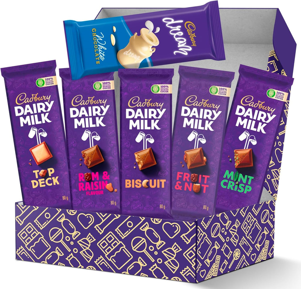 Cadbury Slabs Chocolate Box 6-Piece Assortment of Premium Cadbury Slabs Including Fruit & Nut, Rum & Raisin, Mint Crisp, Top Deck, Dream Biscuit, and Biscuit –Indulgent Chocolate Gift for Any Occasion