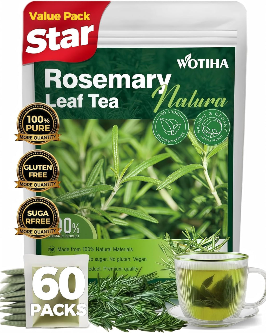 WOTIHA 60 Count Premium Rosemary Leaf Tea Bags - 100% Pure Natural Rosemary Leaves, Stimulating, Antioxidants & Minerals, Caffeine-Free, No Additives.