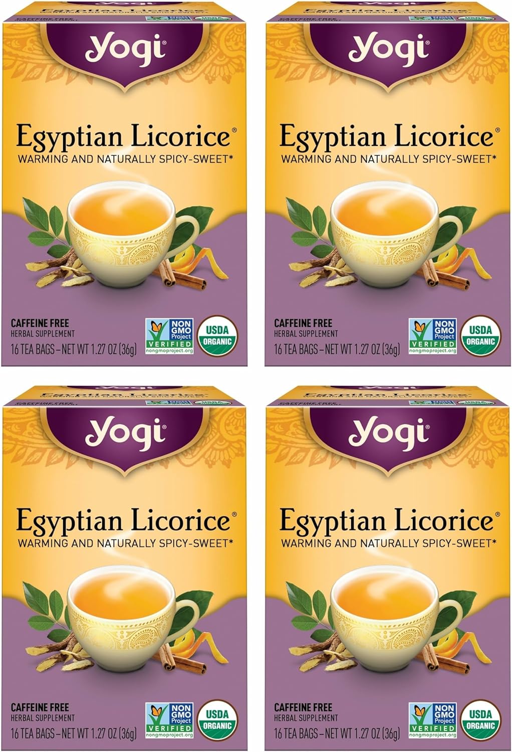 Yogi Tea Egyptian Licorice Tea - 16 Tea Bags per Pack (4 Packs) - Organic Licorice Tea Bags - Includes Licorice Root, Cinnamon Bark, Orange Peel, Ginger Root, Cardamom Pod & More