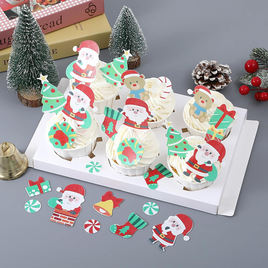 YOcity 58Pcs Edible Christmas Cake Decorations– Wafer Paper Christmas Cupcake Toppers Cartoon figurine ornaments Set,Santa,Reindeer,Snowman Cake Decoration and Xmas Party Miniature Supplies