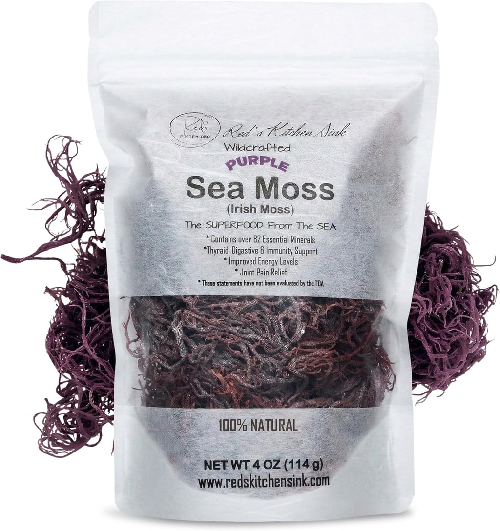 Raw Wildcrafted Purple Sea Moss 4oz, St. Lucia Shade-Dried Seamoss, Natural Ocean Harvested Whole Purple Moss