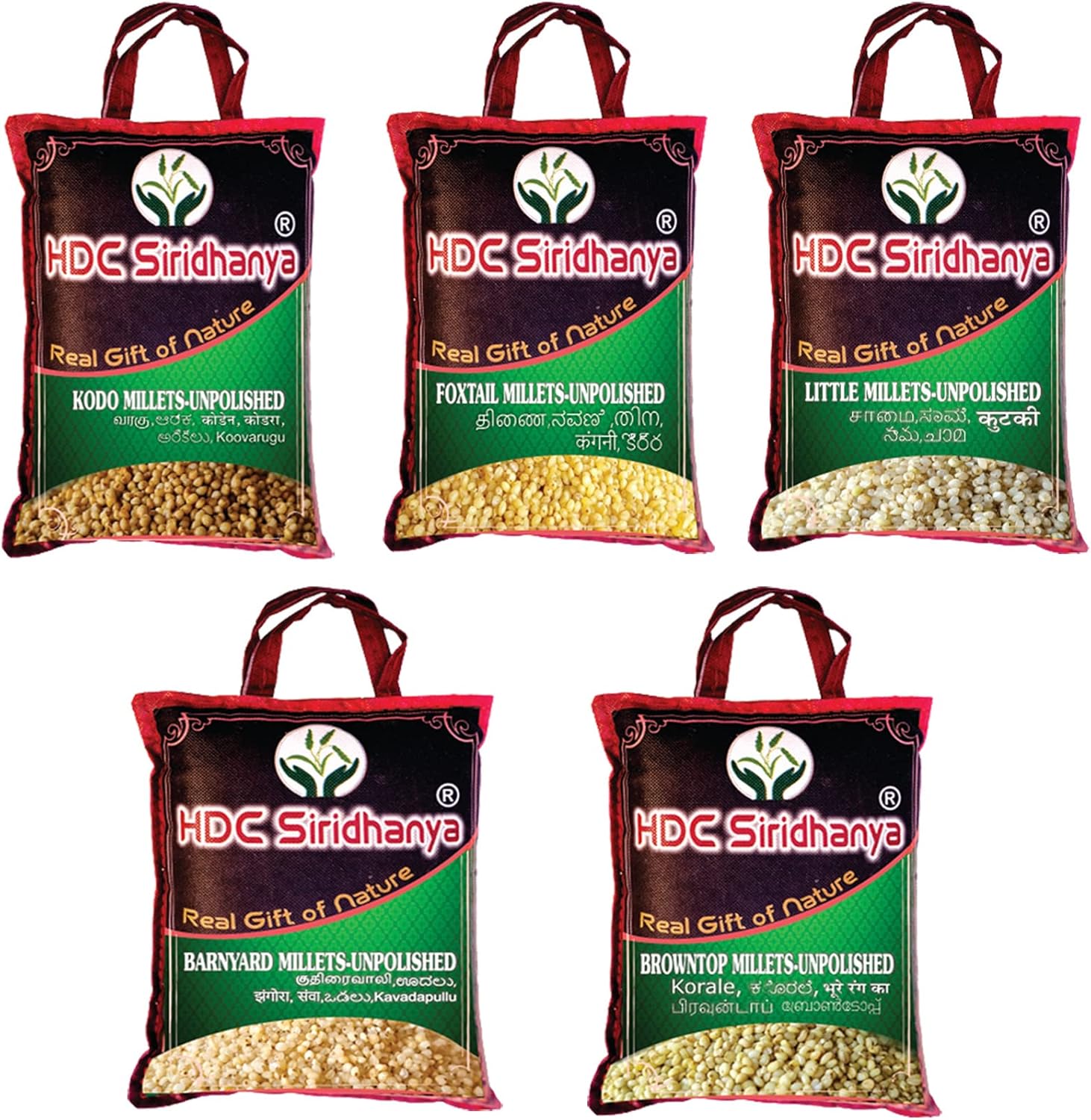 HDC Siridhanya Unpolished 5 positive Hulled Millets Combo Pack of 5, [Little, Foxtail, Kodo, Barnyard, and Browntop Naturallry grown from india (total wt. 3.85 lbs pack of 5) each 350g Vacuum packed in Bag