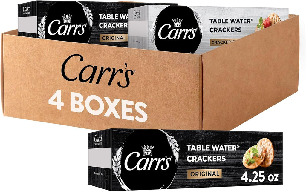 Carr's Table Water Crackers, Baked Snack Crackers, Party Snacks, 2 Flavor Variety Pack (4 Boxes)
