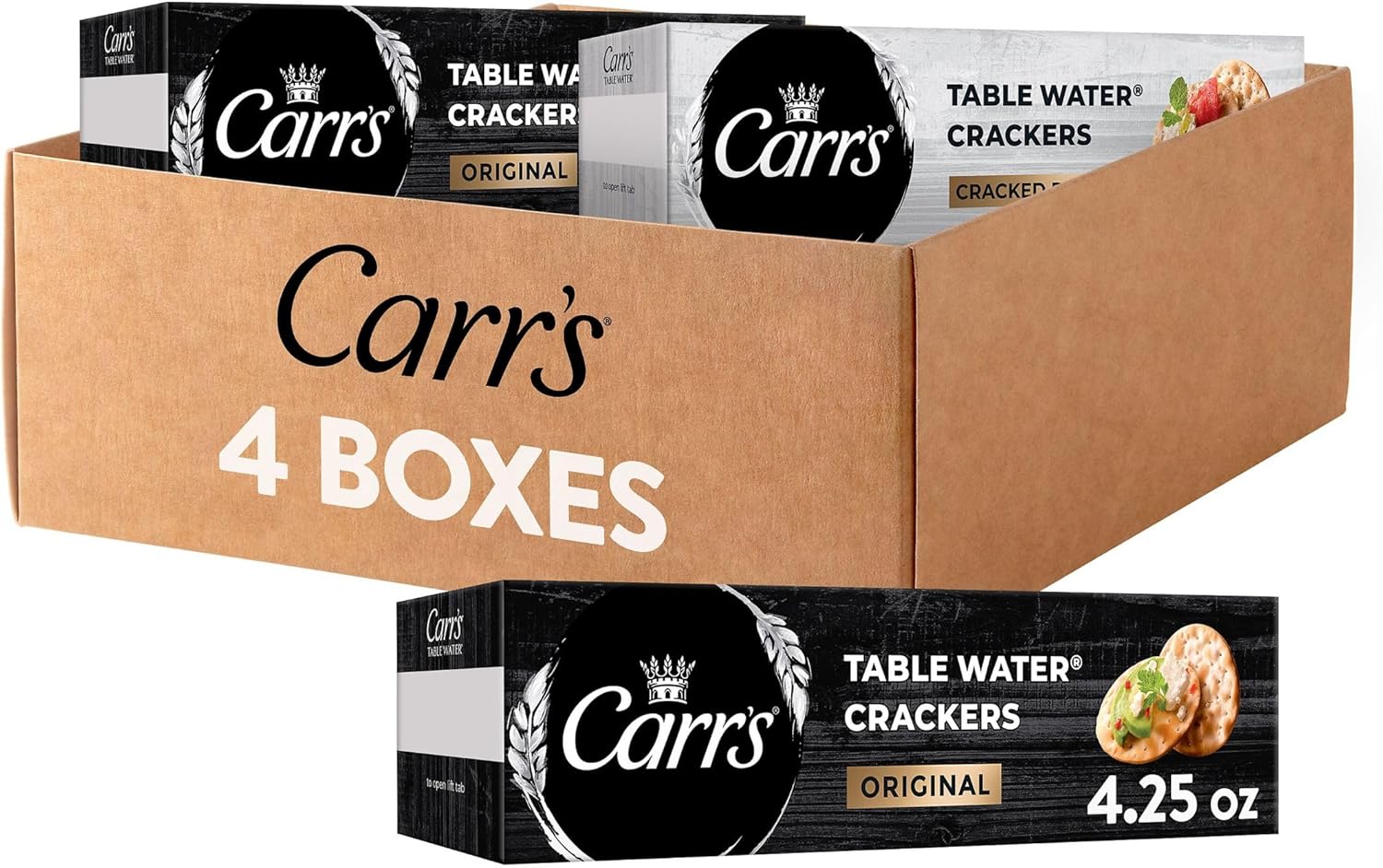 Carr's Table Water Crackers, Baked Snack Crackers, Party Snacks, 2 Flavor Variety Pack (4 Boxes)